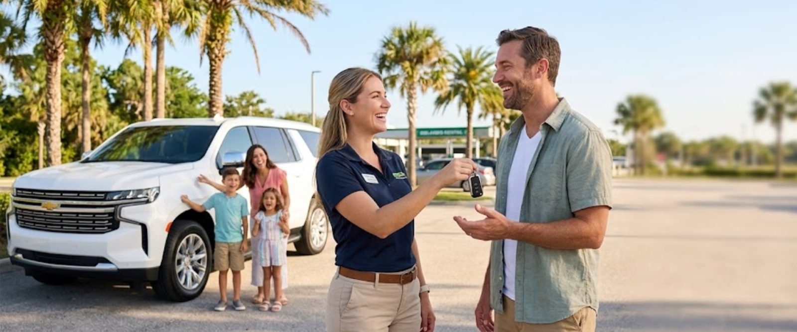 A 2Six Rent team member handing over the keys to a family in Orlando